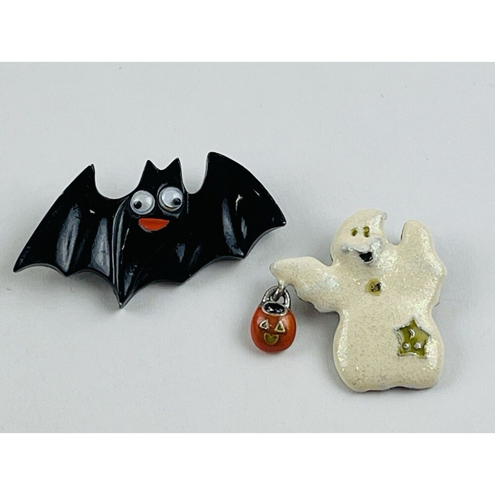 Lot 2 Halloween Brooch Ghost Black Bat TC Tanya Creations Pin Pumpkin Google Eye